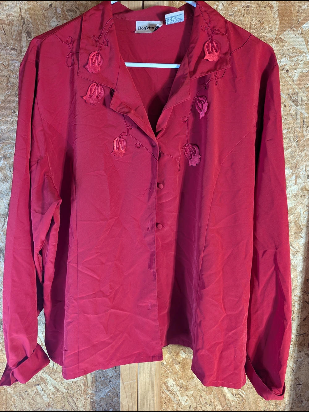 Bon Worth Red Button-Front Embroidered Women's Shirt